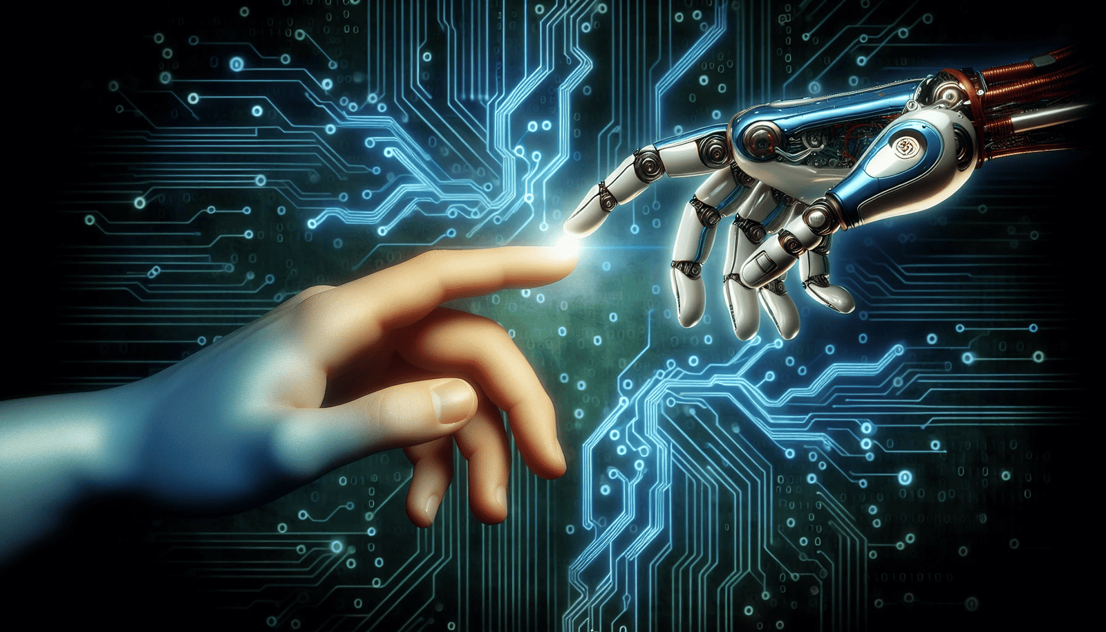 Artificial intelligence concept with human and robot hands reaching towards each other