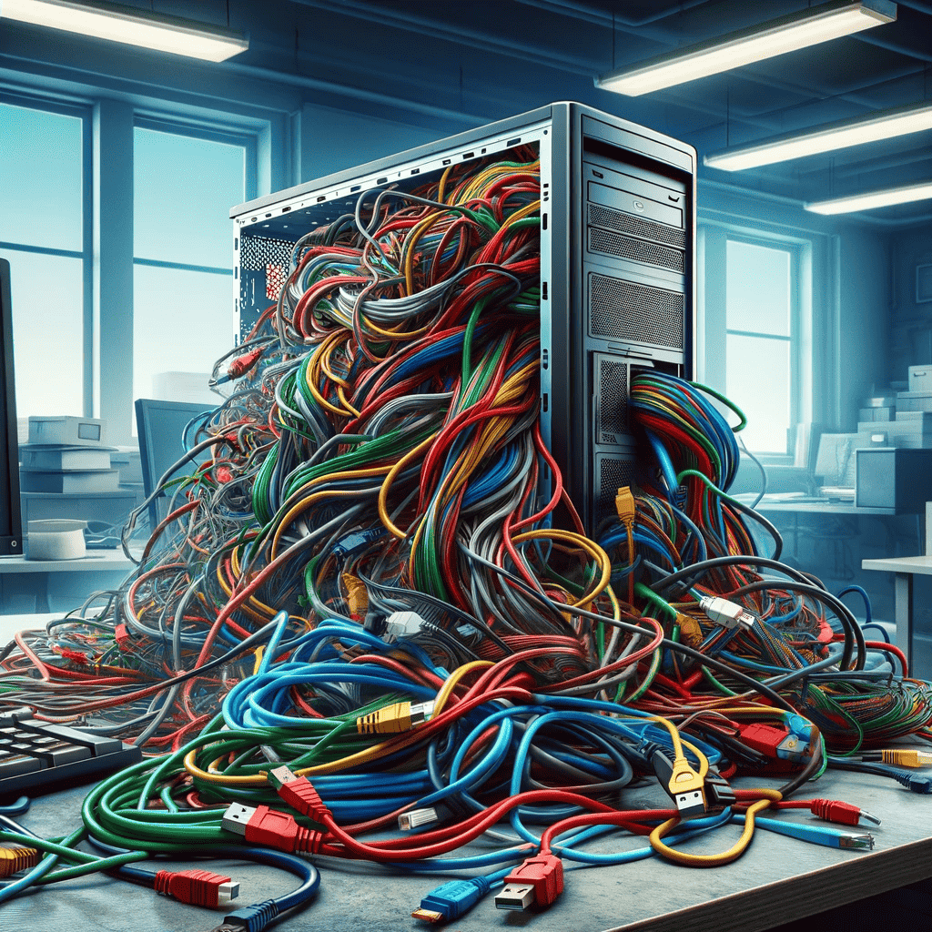 twisted computer cables spilling out of an open PC case